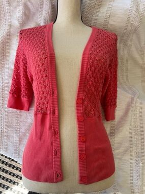 NWT Women's Guess Coral Pink Short-Sleeve Knit Cardigan Sweater
